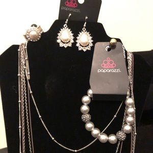 Silver paparazzi necklace,earrings, ring, bracelet